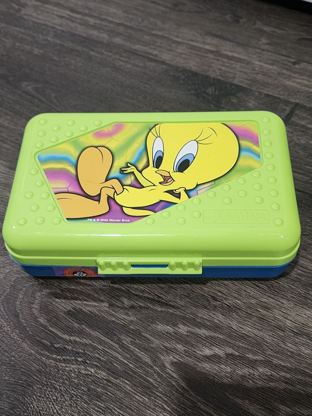 Vtg 2000 SpaceMaker Looney Tunes Tweety Bird Pencil Box Green Blue Case